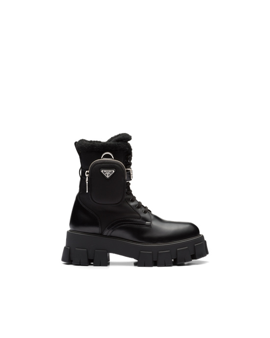 Prada Monolith Leather And Nylon Biker Boots Black | 5462ZOFTG